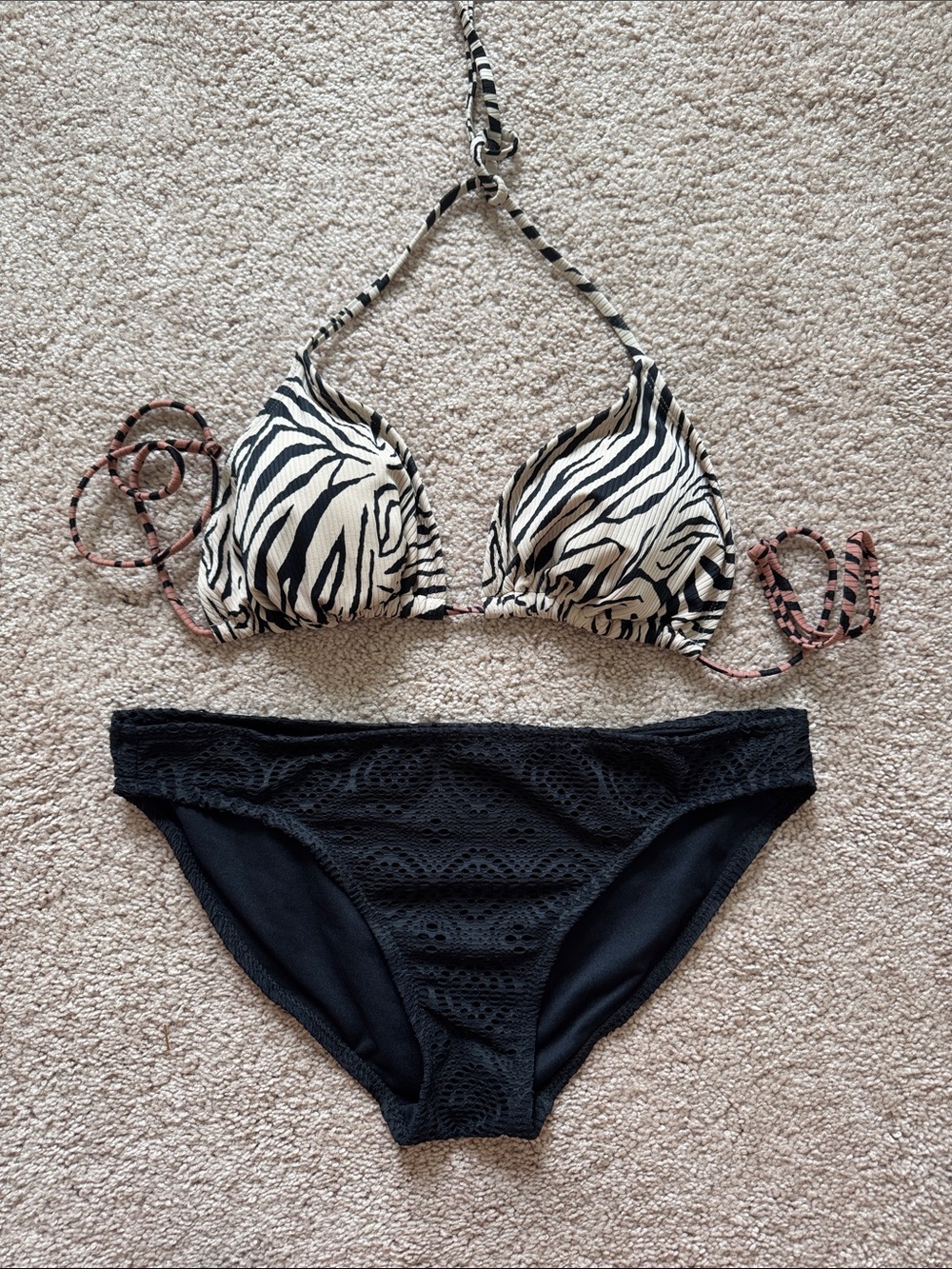 Women’s Zebra Print Triangle Bikini Top with Black Bikini Bottom